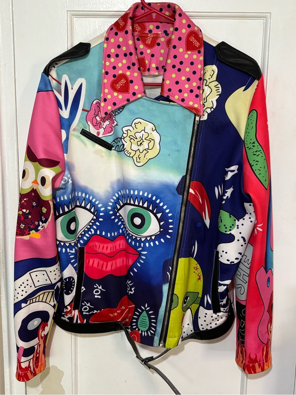 Women’s Multicolor Graphic Biker Jacket - Vibrant Art Print